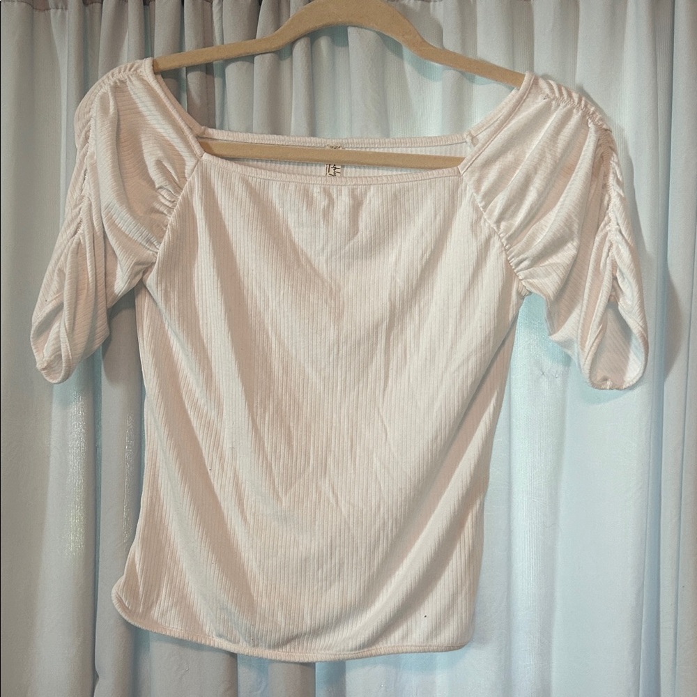Free People Cream Ruched Sleeve Blouse